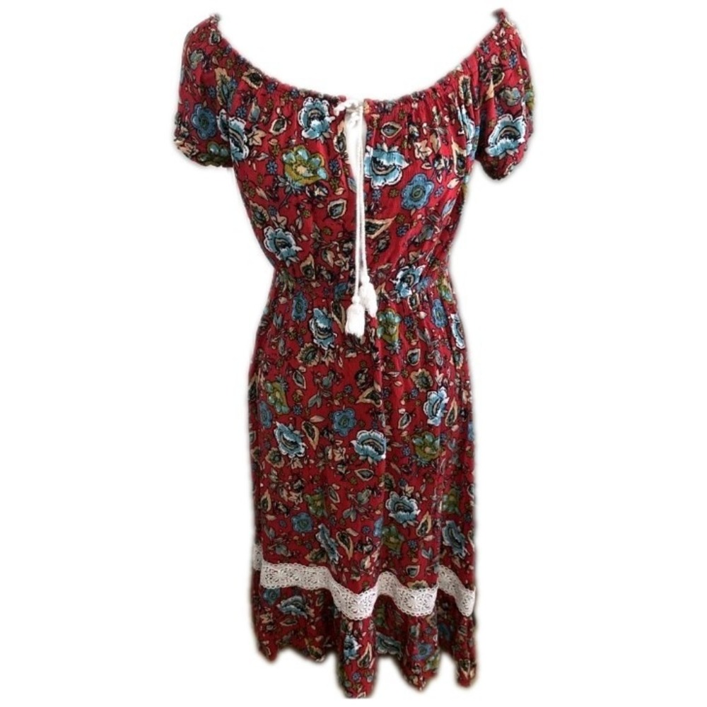 Forever 21 Red Floral Midi Dress Medium Off Shoulder Boho Peasant Festival Flowy